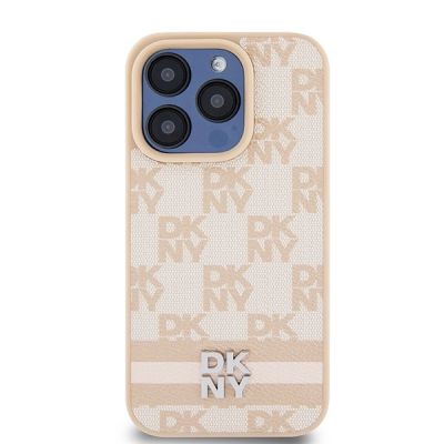 3. DKNY Lederhülle mit kariertem Monomuster und bedruckten Streifen für iPhone 15 Pro – Rosa