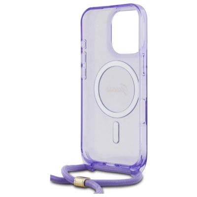 6. Guess Crossbody Cord Script MagSafe Hülle für iPhone 16 Pro – Lila