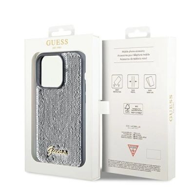8. Guess Pailletten-Schriftzug-Metallgehäuse für iPhone 14 Pro Max – Silber