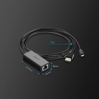 9. Ugreen 30985 Externe Netzwerkkarte für Chromecast mit Micro-USB-/USB-A-Anschlüssen 100 Mbit/s 1 m – Schwarz