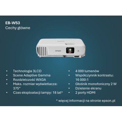 19. Epson EB-W53 4000 ANSI-Lumen 3LCD WXGA (1200x800) Weiß