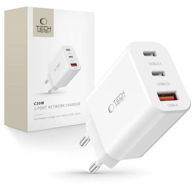 Tech-Protect NC30W Netzwerkladegerät 2x USB-C PD 30W / USB-A QC 3.0 - Weiß