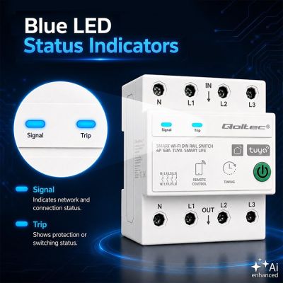5. Qoltec Dreiphasenrelais 63A für DIN-Schiene | 3P+N | Timer | WLAN | Tuya | Smart Life | Amazon Alexa | 4P