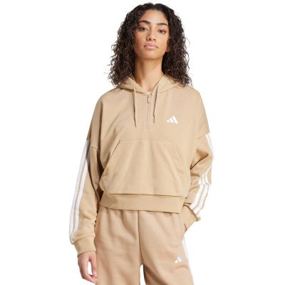 7. Damen Essentials 3-Streifen French Terry Hoodie mit Viertelreißverschluss Beige JX7676