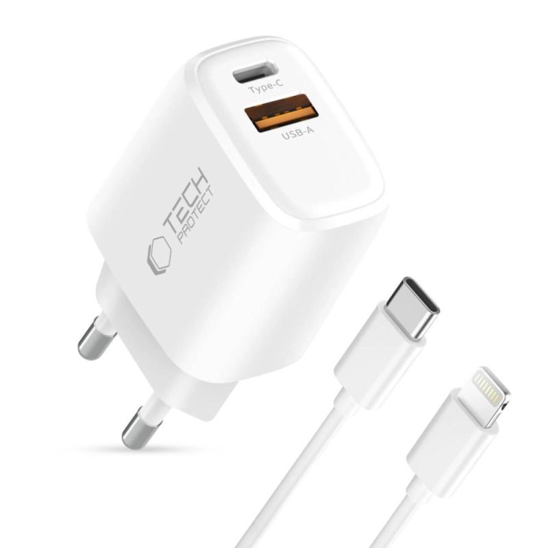 2. Tech-Protect NCA20 PD 20W QC3.0 USB-A / USB-C Wandladegerät + USB-C / Lightning Kabel 100cm - Weiß