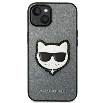 3. Karl Lagerfeld Saffiano Choupette Head Patch Hülle für iPhone 14 Plus - Silber
