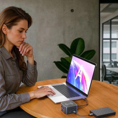 9. Hub USB-C 12 in 1 Wozinsky WHBC09Y8S multifunktional, mit kabelloser Ladefunktion, Aluminium, mit 15 cm Kabel - grau