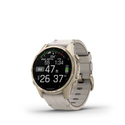 6. Garmin Fenix 8 43mm AMOLED Saphirblau Titan Soft Gold mit limettenfarbenem Lederarmband