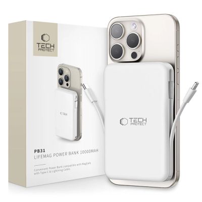 Tech-Protect LifeMag PB31 Powerbank mit MagSafe 10000 mAh 15 W USB-C/USB-A/integriertes USB-C/ Lightning Kabel – Weiß
