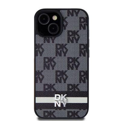 3. DKNY Lederhülle mit kariertem Monomuster und bedruckten Streifen für iPhone 15/14/13 – Schwarz