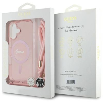 7. Guess Crossbody Cord Script MagSafe-Hülle für iPhone 16 – Rosa