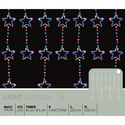 11. Weihnachtsbaumbeleuchtung, Lichtervorhang 200x200 cm, 415 LED-Sterne, mehrfarbig