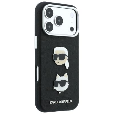 5. Karl Lagerfeld Saffiano Karl&Choupette Heads Pins Strap Logo Case für iPhone 18 Pro / 17 Pro - Schwarz