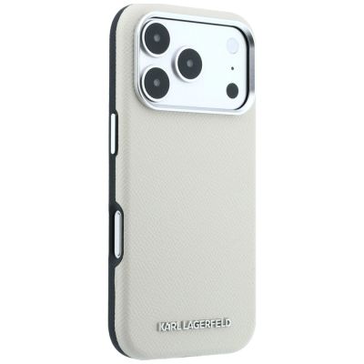 4. Karl Lagerfeld MagSafe-Hülle mit genarbtem, länglichem Logo für iPhone 17 Pro / 18 Pro – Beige