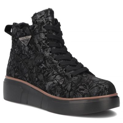 Schwarze Damen-Ankle-Boots aus Leder mit Keilabsatz und Blumenmuster, Filippo DBT6452