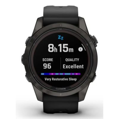 10. Garmin Fenix 7S Pro 42 mm Saphirgrau Titan DLC Uhr mit schwarzem Armband