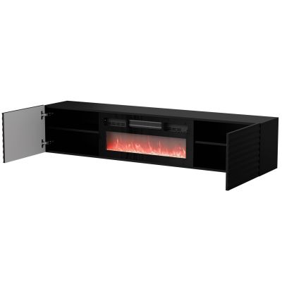 2. TULA TV-Schrank 183x35x37 schwarz matt + schwarzer Kamin