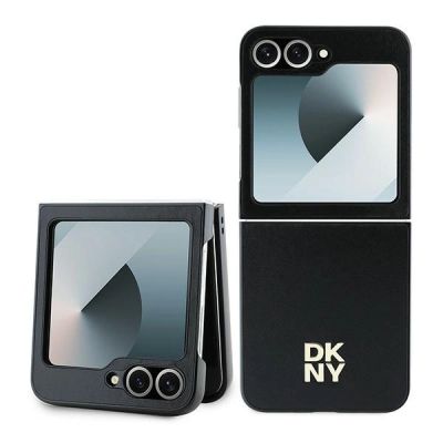 DKNY Leder-Metall-Stack-Logo-Hülle für Samsung Galaxy Z Flip 6 – Schwarz