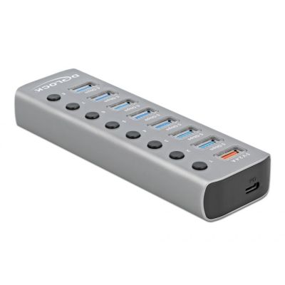 DeLOCK USB-Hub mit 5 Gbit/s, 7 Anschlüssen + 1 Ladeanschluss + 1 USB-C PD 3.0-Anschluss, mit Schalter und Hintergrundbeleuchtung