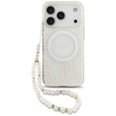 Guess IML Blumenmuster, galvanisiert, mit Perlmuttriemen und MagSafe-Hülle für iPhone 18 Pro / 17 Pro – Weiß