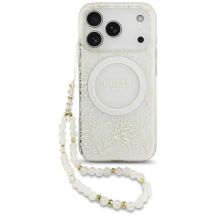 Guess IML Blumenmuster, galvanisiert, mit Perlmuttriemen und MagSafe-Hülle für iPhone 18 Pro / 17 Pro – Weiß