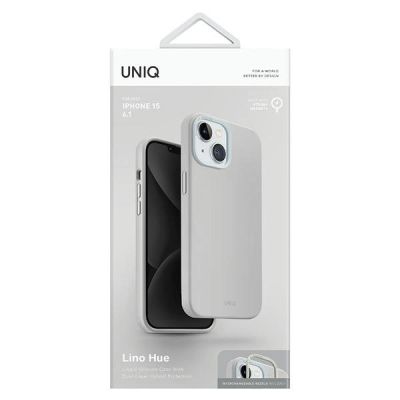 6. Uniq Lino Hue Magclick Ladehülle für iPhone 15 – Hellgrau