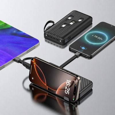 2. Wozinsky W11-B 10000mAh 10W Powerbank mit integrierten Kabeln und Taschenlampe – Schwarz