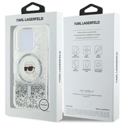 8. Karl Lagerfeld Flüssigglitzer-Magsafe-Hülle mit Karl-Kopf für iPhone 16 Pro – Transparent