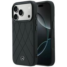 Mercedes Lederhülle mit gekreuzten Linien und MagSafe-Design für iPhone 17 Pro / 18 Pro – Schwarz