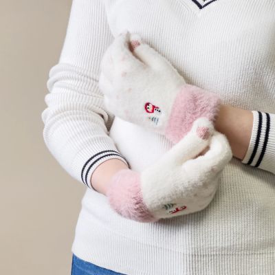 4. Winter-Telefonhandschuhe für Damen mit einem Schneemann und einem Weihnachtsbaum – weiß und rosa