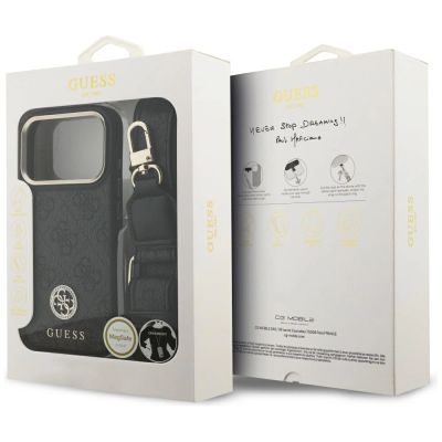 9. Guess 4G Strass Logo & Big Strap Metal Buttons MagSafe Case für iPhone 17 Pro - Schwarz