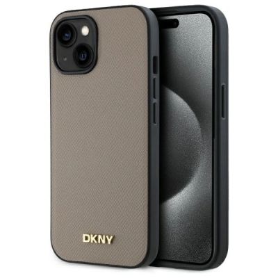 DKNY MagSafe iPhone 15 Hülle mit genarbtem Metalllogo – Beige