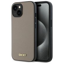 DKNY MagSafe iPhone 15 Hülle mit genarbtem Metalllogo – Beige