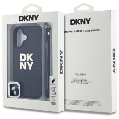 7. DKNY Wrist Strap Stock Logo Hülle für iPhone 16 – Schwarz