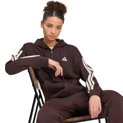 5. adidas Essentials Damen-Fleece-Hoodie mit 3 Streifen, durchgehendem Reißverschluss, braun, KX0784