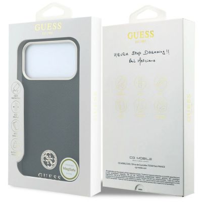 8. Guess MagSafe Hülle mit genarbtem, rundem Strass-Logo für iPhone 18 Pro / 17 Pro – Schwarz