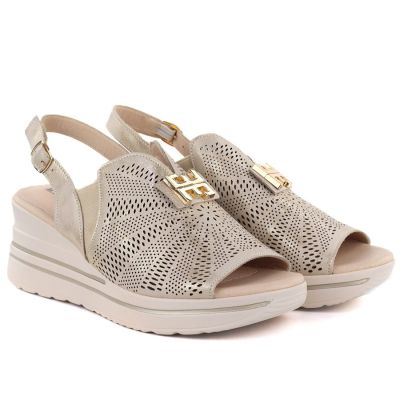 3. Damen-Ledersandalen mit Plateau, goldener Keilabsatz, M.Daszyński 25144-4