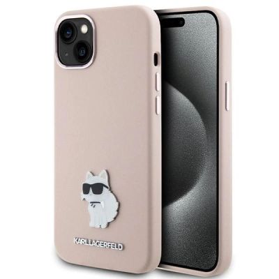 Karl Lagerfeld Silikon Choupette Metall Pin Hülle für iPhone 15 Plus / 14 Plus – Rosa