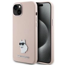 Karl Lagerfeld Silikon Choupette Metall Pin Hülle für iPhone 15 Plus / 14 Plus – Rosa