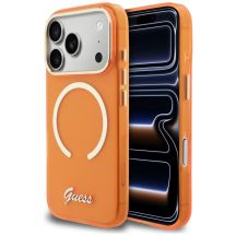 Guess IML Script Metal MagSafe Hülle für iPhone 17 Pro Max – Orange