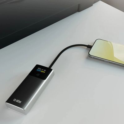 10. SBS 10000 mAh PD 20 W Powerbank mit LCD-Display und integriertem USB-C-Kabel - Grau