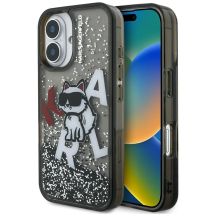 Karl Lagerfeld iPhone 16 Hülle mit flüssigem Glitzer und Choupette-Logo – Schwarz