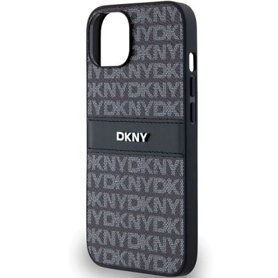 6. DKNY Leder-Monostreifen- und Metall-Logo-Hülle für iPhone 15/14/13 – Schwarz