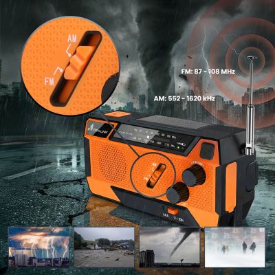 35. Extralink Solar-Notfallradio mit Kurbeldynamo-Powerbank (4000 mAh) und SOS-Taschenlampe SR-4000, tragbar, analog, Schwarz/Orange