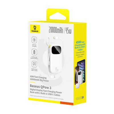 3. Baseus EnerFill FC31 20000mAh 45W Powerbank mit Digitalanzeige und 2 integrierten USB-C-Kabeln – Weiß