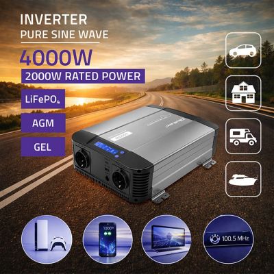 3. Qoltec Sinus-Spannungswandler | 12 V auf 230 V | 2000/4000 W | LCD | USB | USB-C | Kompatibel mit LiFePO4-, GEL- und AGM-Akkus