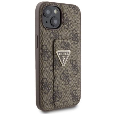 4. Guess Grip Stand 4G Triangle Strass Hülle für iPhone 15 – braun