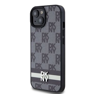 2. DKNY Lederhülle mit kariertem Monomuster und bedruckten Streifen für iPhone 15/14/13 – Schwarz