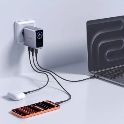 6. Tech-Protect PowerVision NC100W-GaN 3-Port PD 100W / QC3.0 Wandladegerät – Dunkelgrau