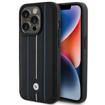 BMW Lederhülle mit blauem Streifenmuster für iPhone 15 Pro Max – Schwarz